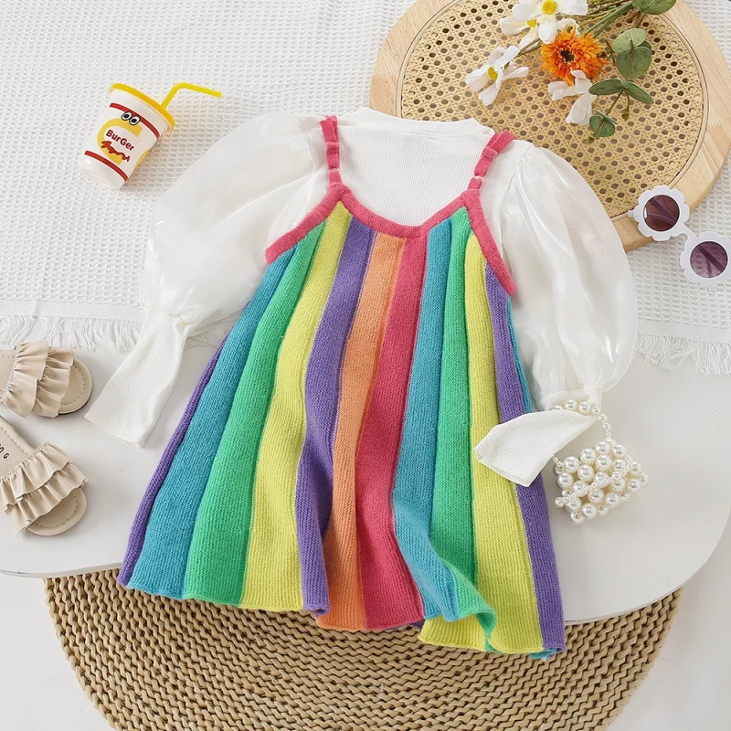 

Korean Style Girls' Sweet Suit Spring/Summer Fashionable New Knitted Rainbow Strap Dress Puff Sleeve Top