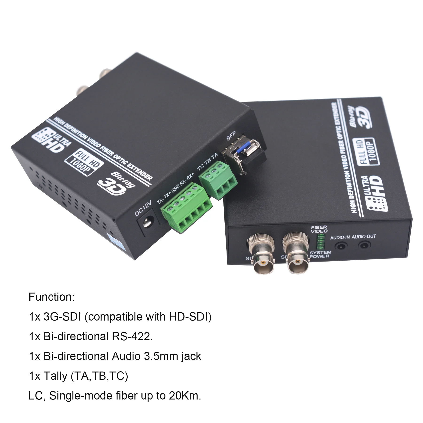 

3G SDI RS422 Tally 3.5mm Audio over Fiber optic Converters Kit, Broadcast HD SDI Video to Fiber Extender SFP transceiver include