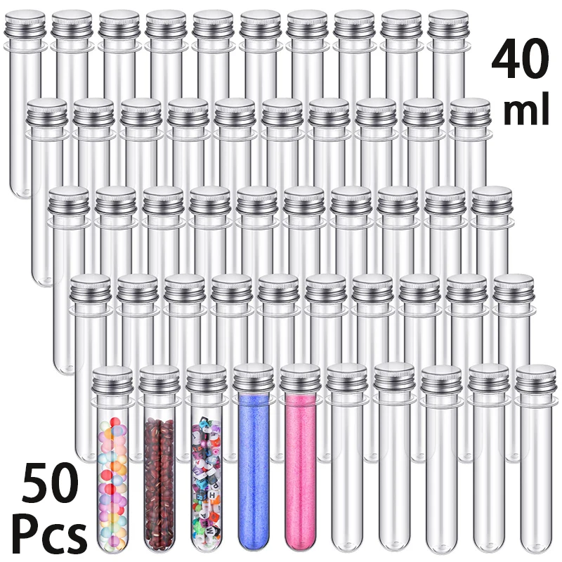 

50Pcs Empty Refillable Clear Plastic Test Tubes Bottle with Silver Aluminum Cap Multipurpose Leak-proof Vial Jars Holder 40ml