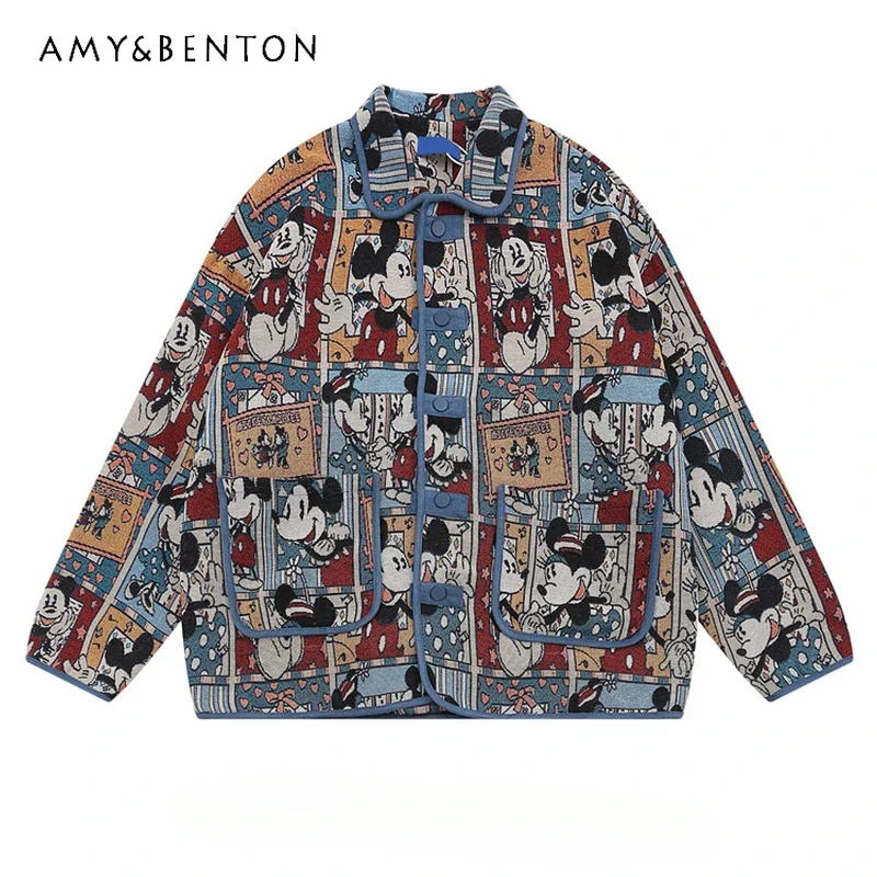 Potdemiel Cartoon Retro Lapels Jacket Street Hip Hop Couple Baseball Uniform Male And Female Personality Single-breaste Coat Top male portrait pattern erd knitt wool sweater men s clothing high street vintage casual 1 1 knitt sweater pullover for men women