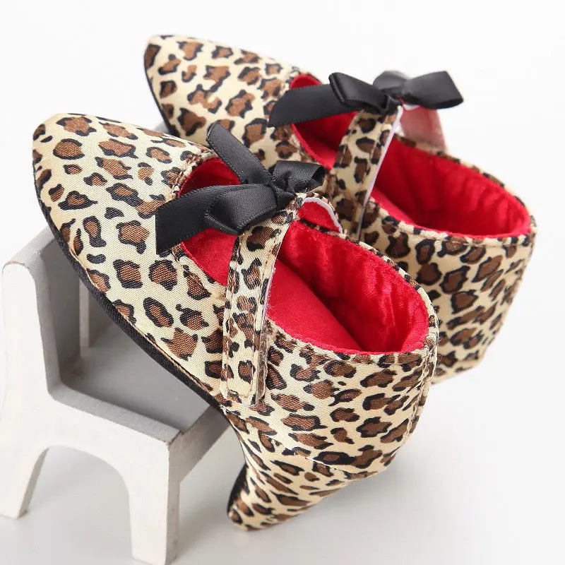 Newborn Baby Girls Princess Cute Shoes First Walkers Toddler Kids Solid Leopard Bowknot High Heel Girls Party Dance Shoes 5