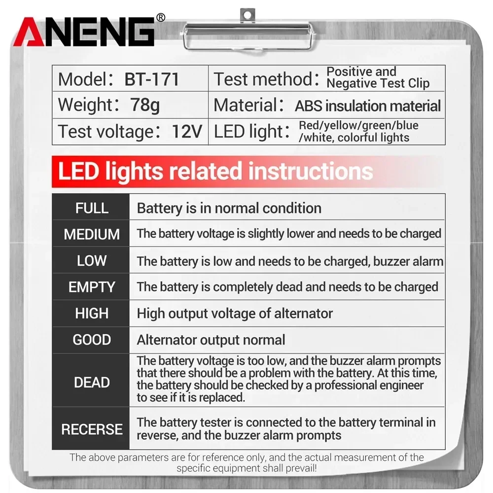 ANENG BT-171 12V 다기능 배터리 테스터 자동차 수리 산업용 감지기 LED 역방향 디스플레이 화면 전기 기술자 도구