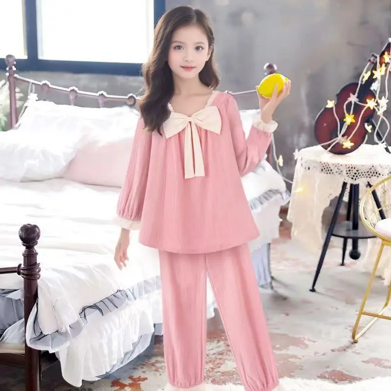 여자 잠옷 봄 가을 얇은 면사 투피스 소녀 공주 스타일 긴팔 양복 어린이 에어컨 의류