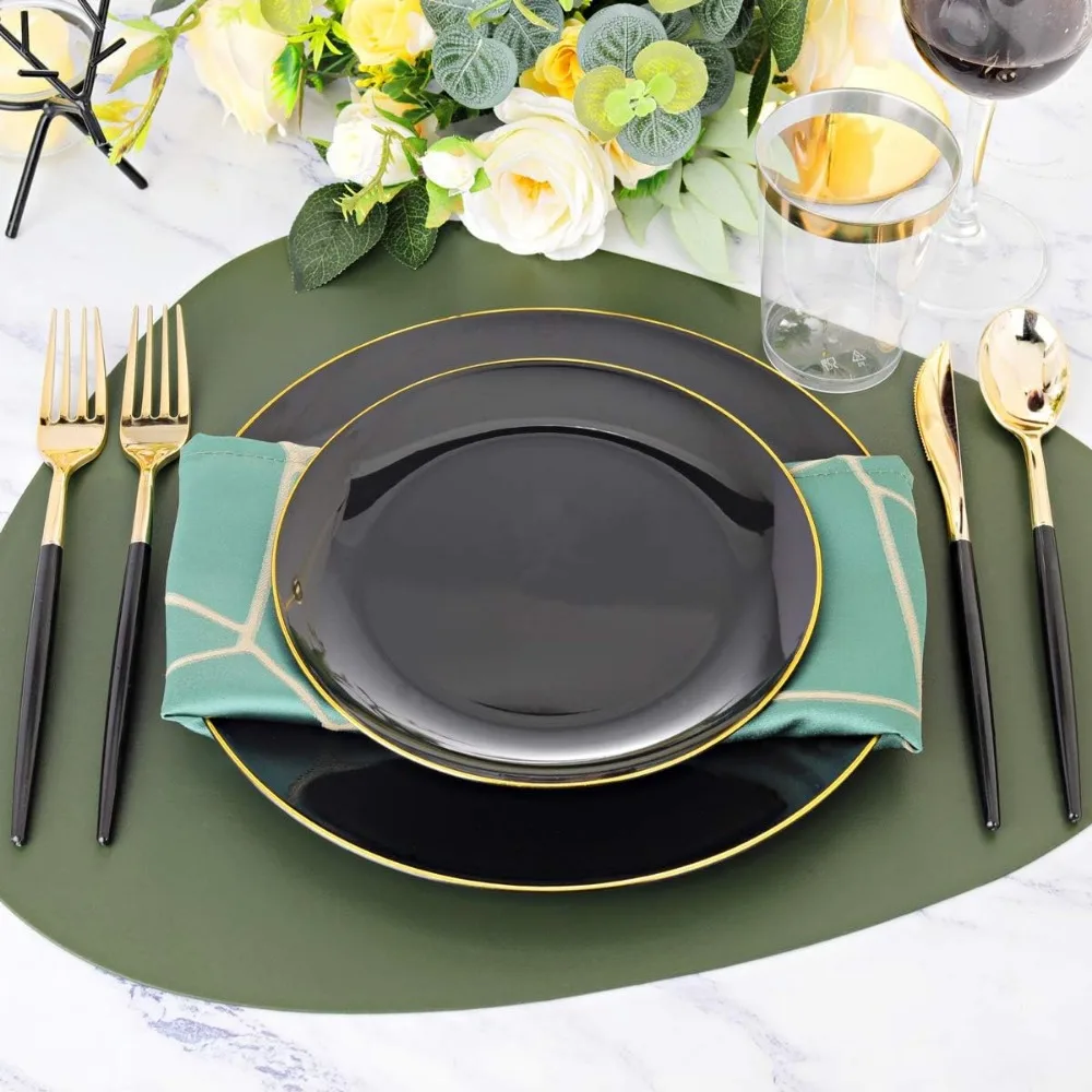 150pcs Black Plastic Plates, Black and Gold Plastic Plates,Gold Silverware,Black and Gold Dinnerware Set