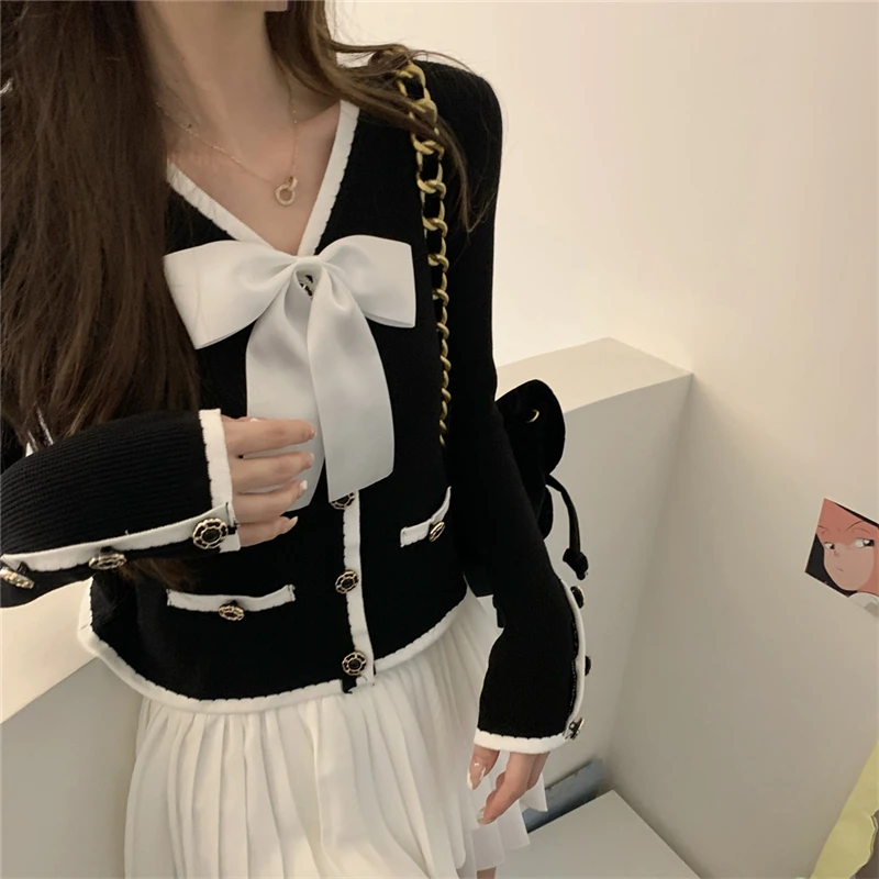

Bow Knitted Cardigan Women Elegant Korean Loose Straight Knitwear V Neck Vintage Long Sleeve Cropped Tops Buttons Autumn N965