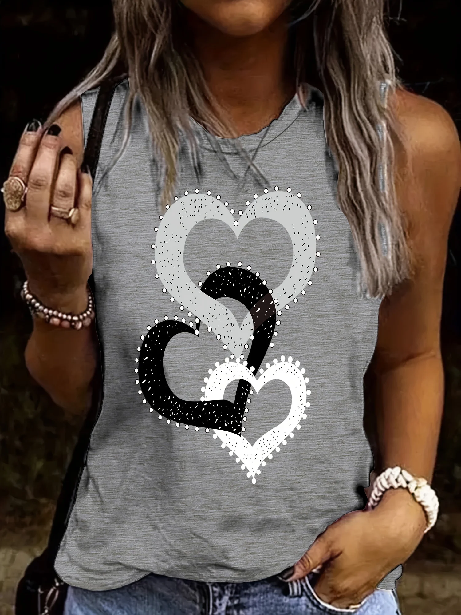 Women's Summer Casual Loose Three Heart One Piece Print Sleeveless Tank Top T-shirt 1