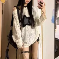 Y2K Hole Star Print T-Shirt Women Fashion Streetwear Off Shoulder Tops Summer Oversized Kpop Long Sleeve Loose Tees Ladies New 4