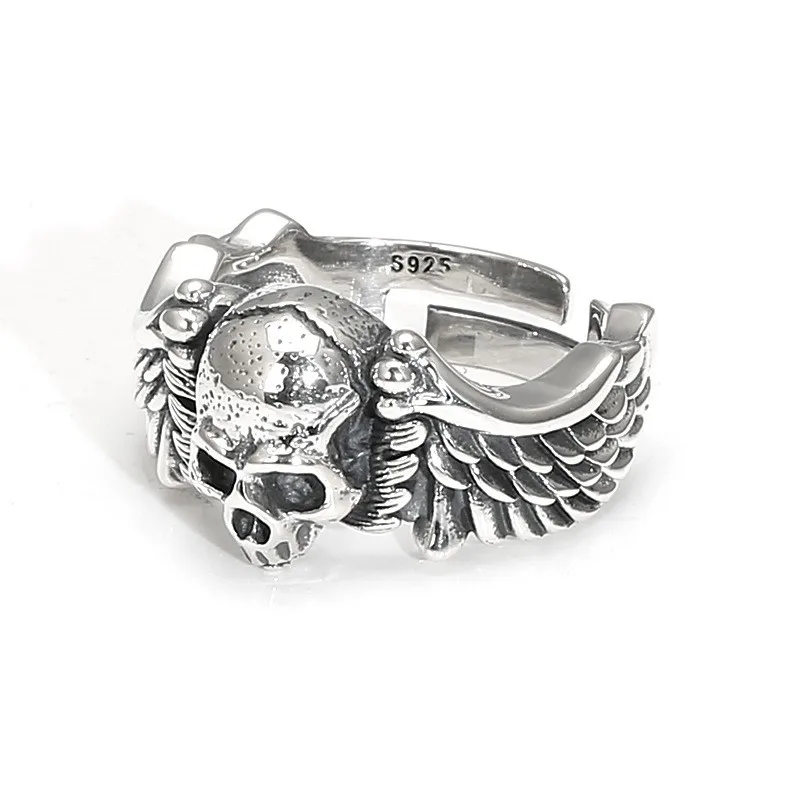 

002-JZ-15 ZFSILVER Silver 925 Fashion Adjustable Retro Exaggerated Creative Hiphop Wing Skull Ring For Men Women Wedding Jewelry