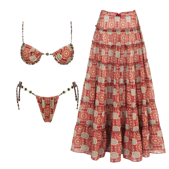 Red paisley three-piece bikini set with matching tiered maxi skirt cover-up