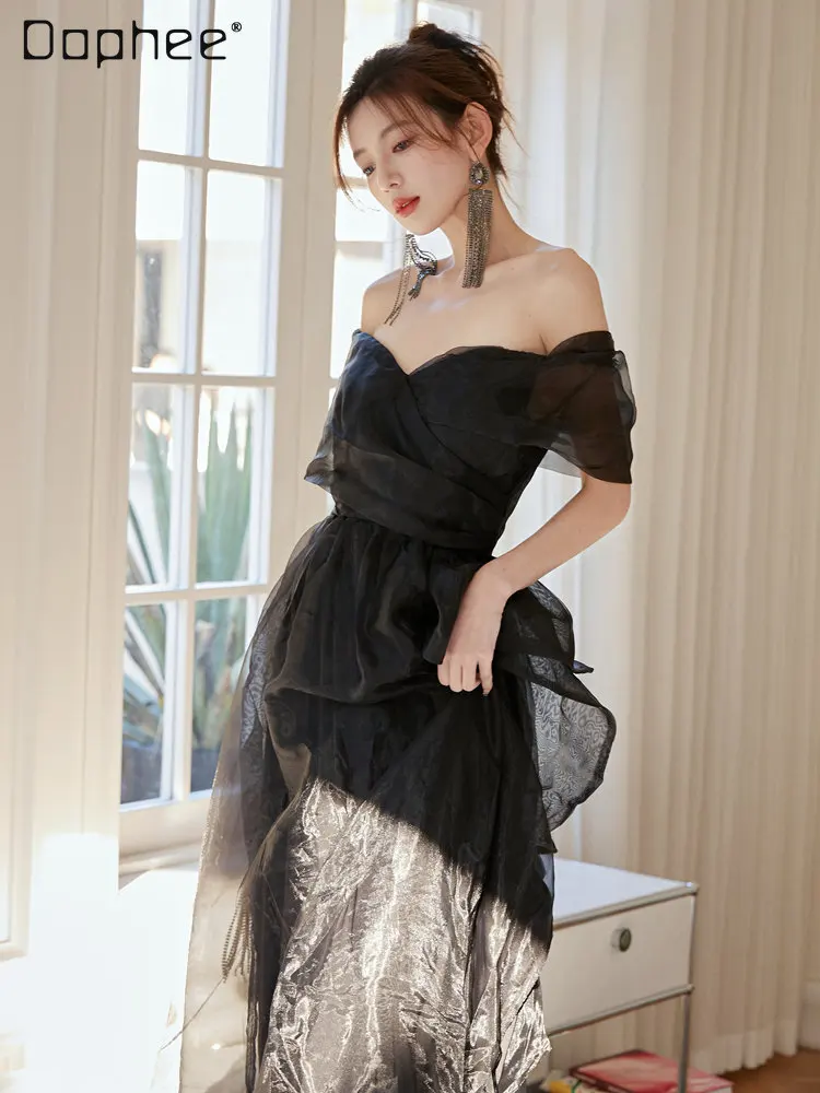 

Luxury Woman Off-Shoulder Strapless Maxi Black Dress 2023 Summer Waist-Controlled Large Hem Floor Party Dresses Women Evening