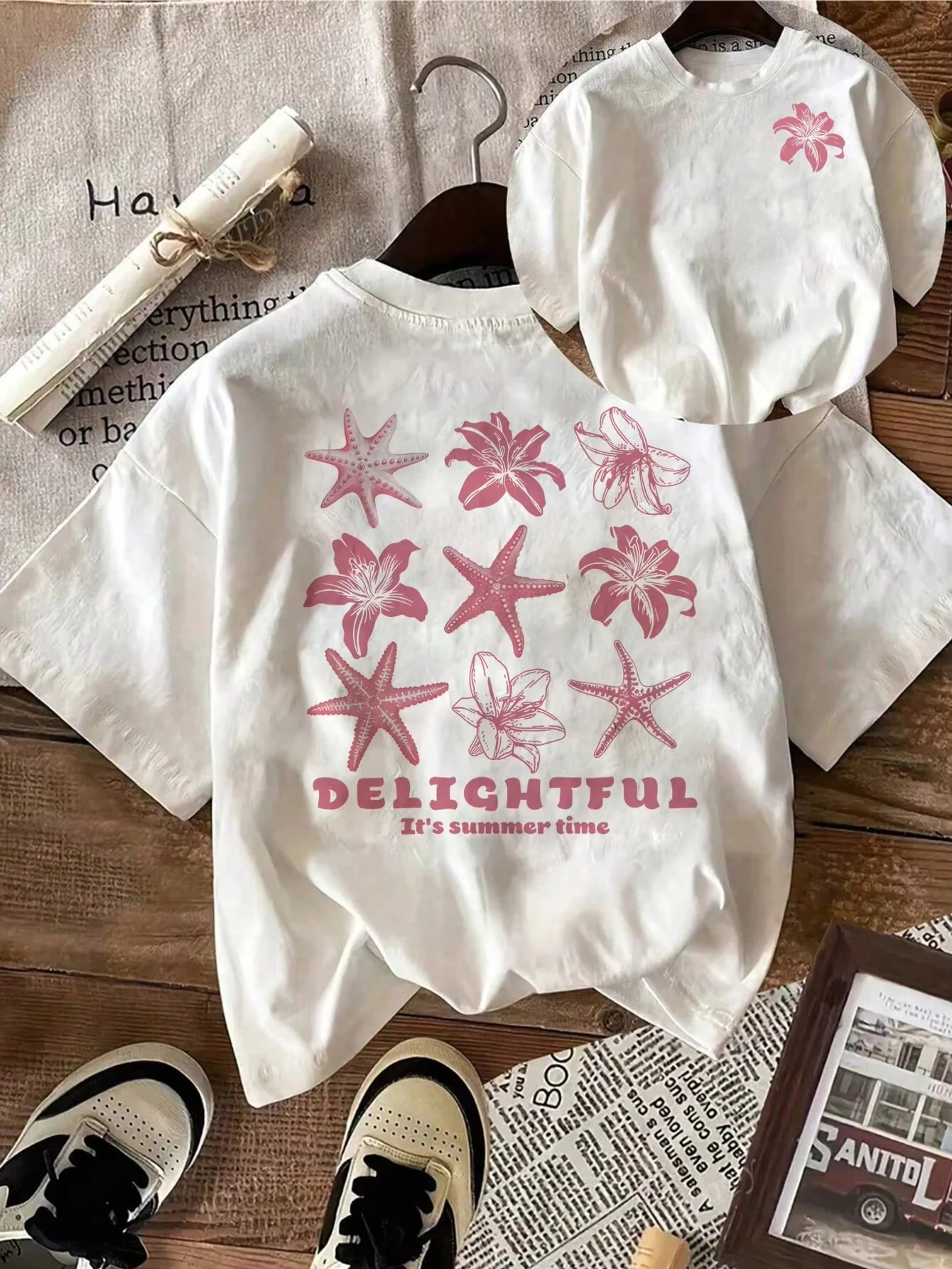 Women's Floral Starfish Graphic Tee - Casual Crew Neck Short Sleeve Top