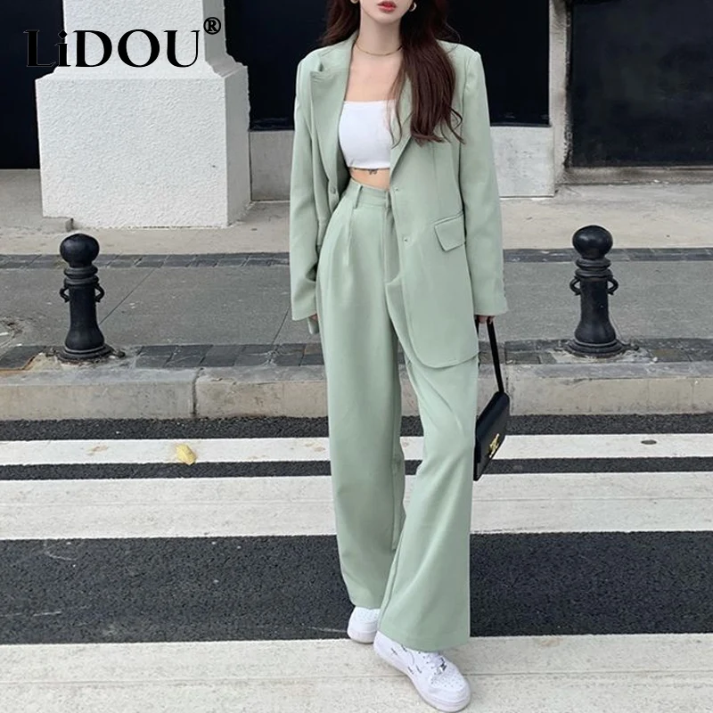 2023 Spring New Women's Sets V-neck Button Solid Color Long Sleeve Suit Tops + Fashion Loose High Waist Pockets Straight Pants