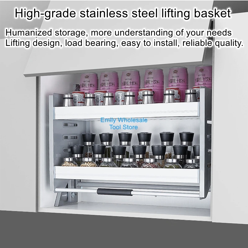 Hanging Cabinet Lifting Basket Kitchen Pull Down Cabinet Seasoning Basket Organizer Stainless Steel Aluminum Shelf