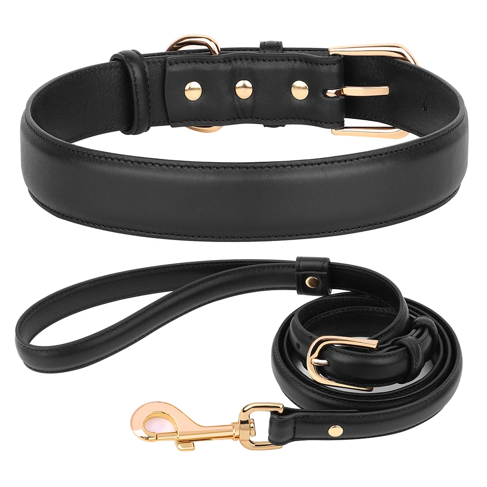 Genuine Leather Dog Collar and Leash Set Soft Durable Plain