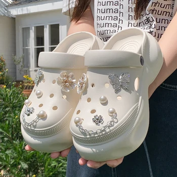 Women's Chunky Platform Crystal Butterfly Clogs Trend Pearl Chain Wedge Heel Slip On Sandals Girls Summer Casual Beach Shoes 41 1