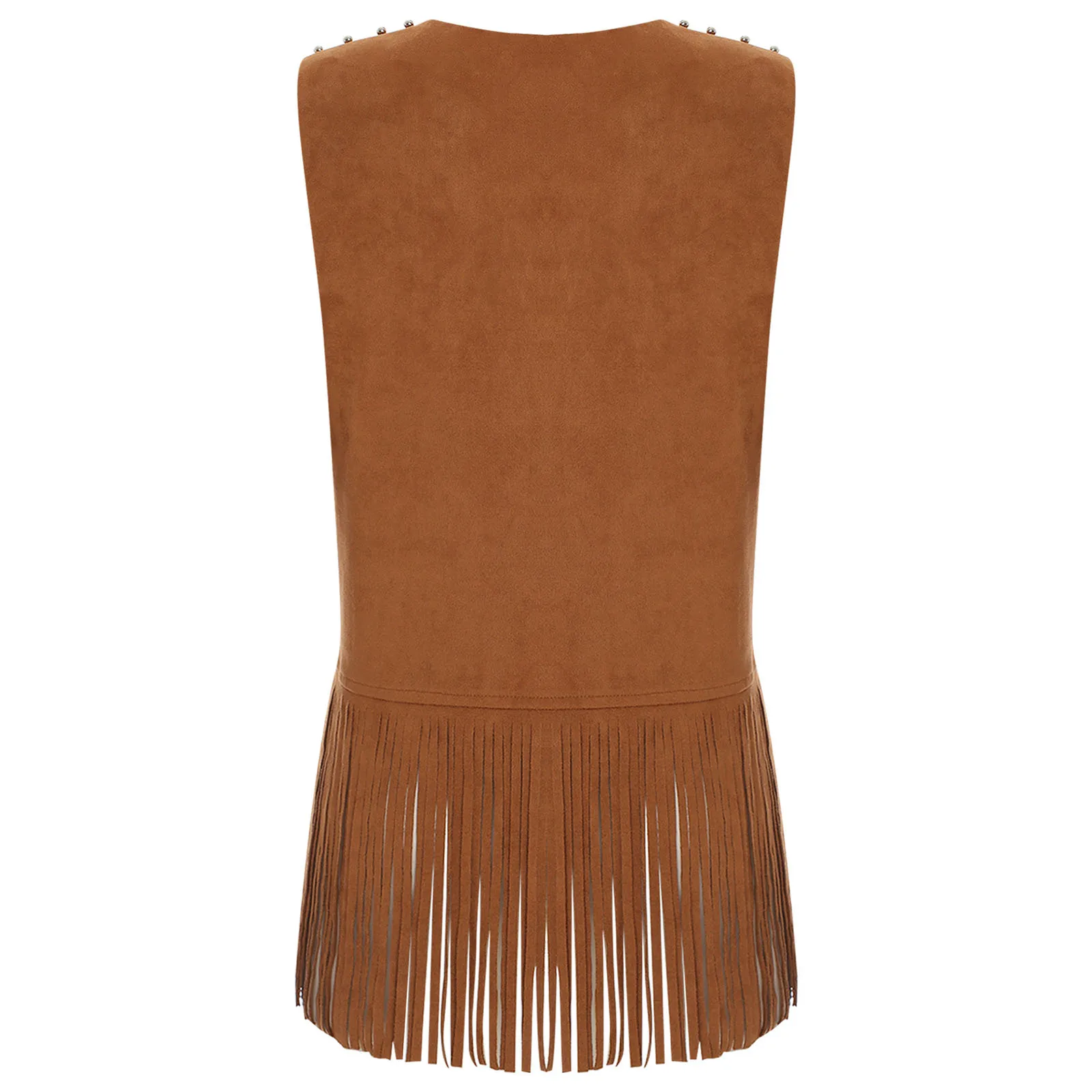 Gilet Lungo Con Frange Da Cowgirl In Finta Pelle Scamosciata - Giacca Senza Maniche Boho Hippie (Cammello, XL-3XL) - 2