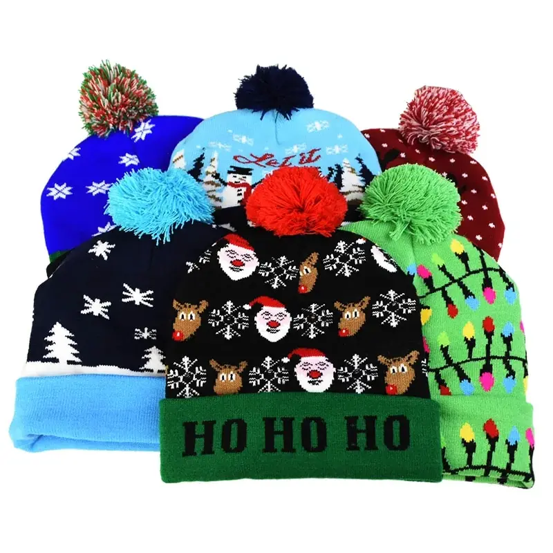 

Hats Sweater Santa Elk Knitted Beanie Hat With LED Light Up Cartoon Patteren Christmas Gift For Kids New Year Supplies
