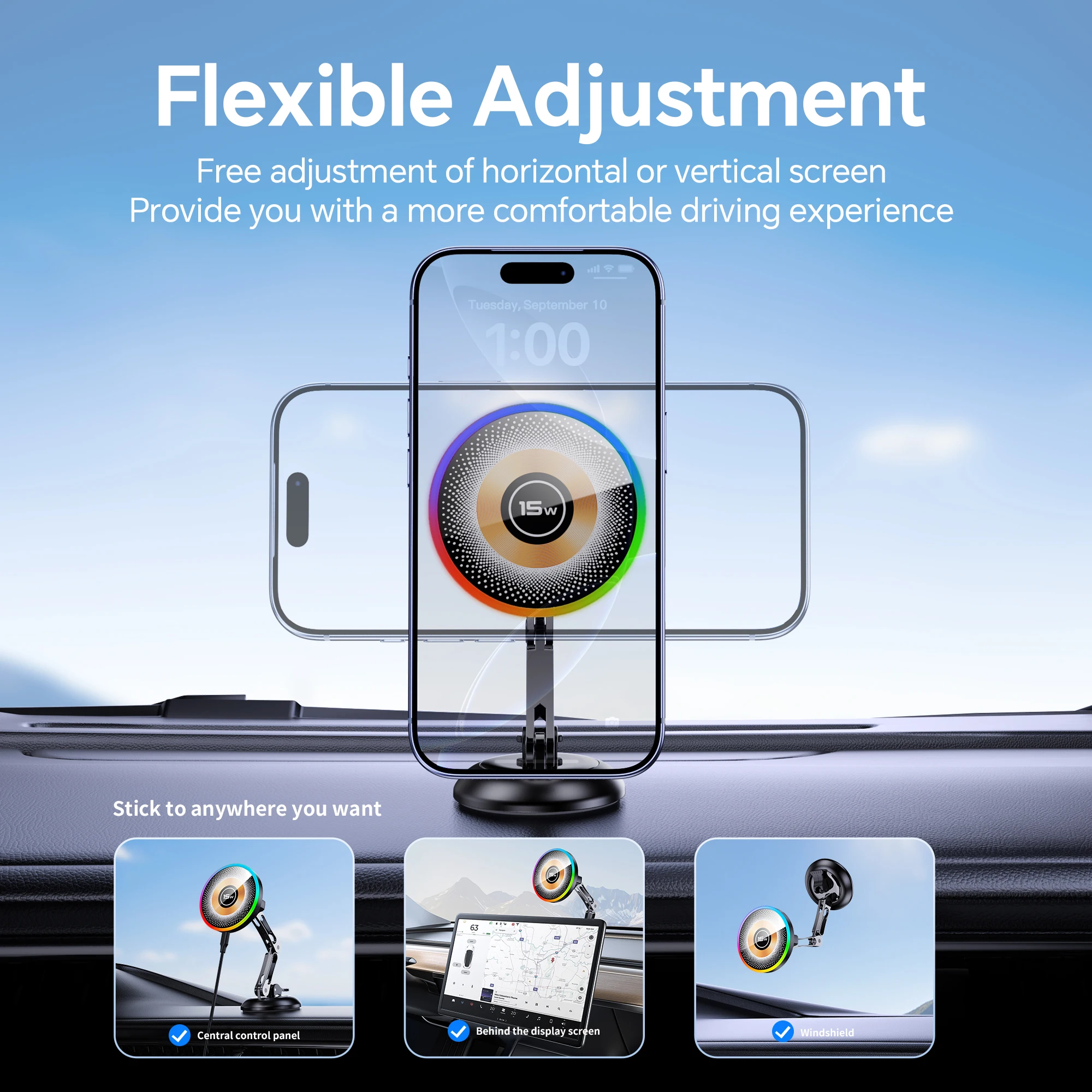 Magnetic Car Wireless Charger Stand with 15W Fast Charging and Phone Holder Bracket