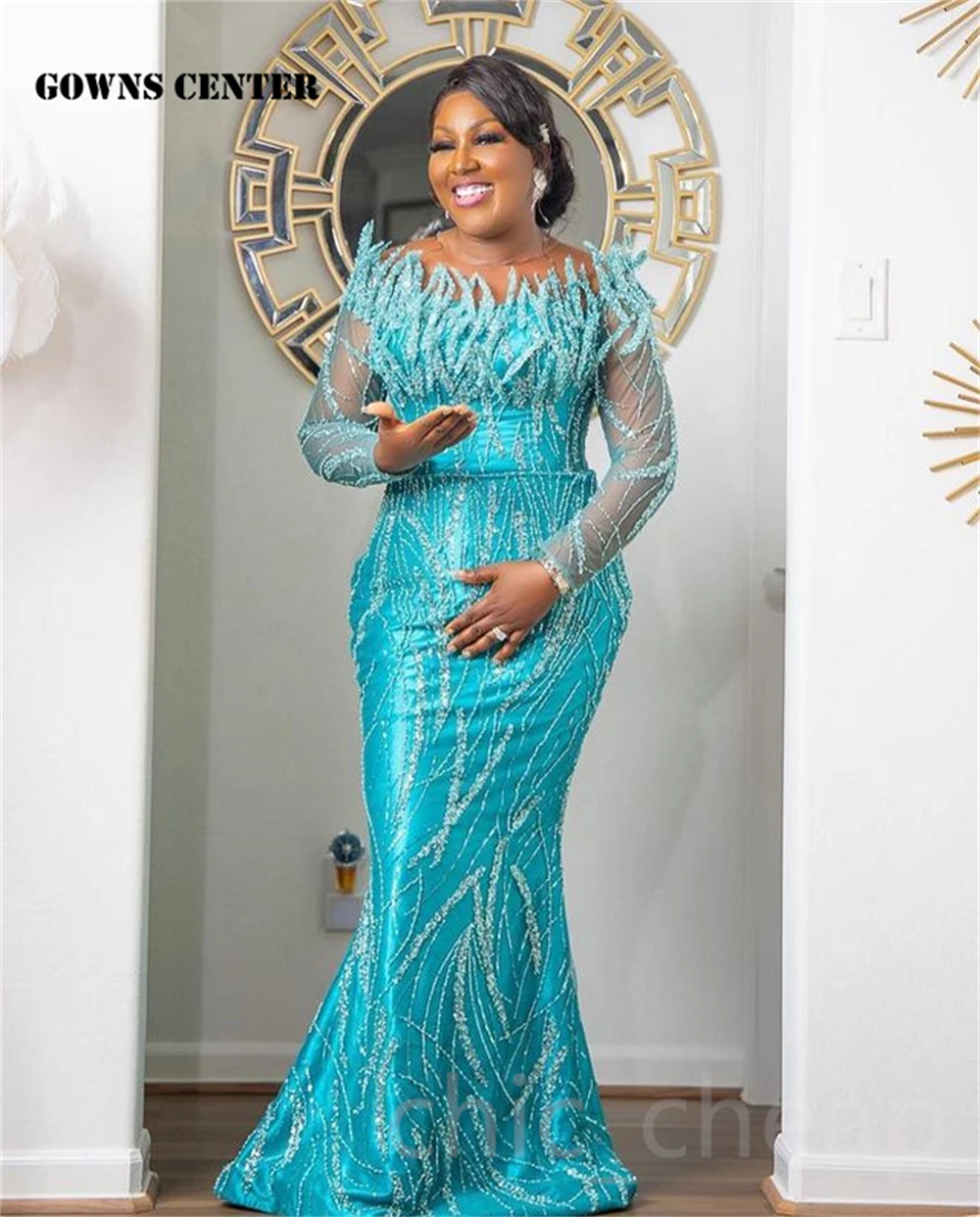 

Sky Blue Beaded Long Sleeve Aso Ebi Luxury Evening Dresses For Wedding 2024 Mermaid Prom Dresses Elegant Gown African robe