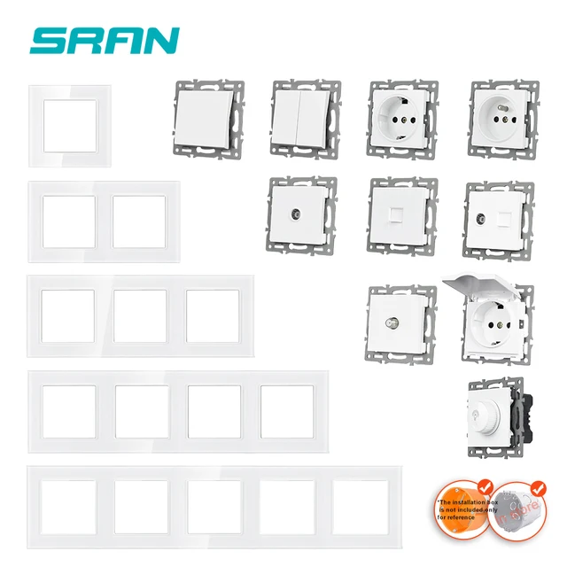 SRAN ซ็อกเก็ตและสวิตช์ 220 แผงกระจกนิรภัยสีขาว EU FR Rj45 โมดูลหลายตัวสามารถรวมกันได้อย่างอิสระ 1