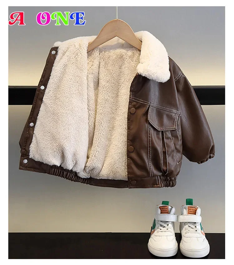 

baby boys winter clothes Plush leather jacket plush kids coat fashion keep warm clothing