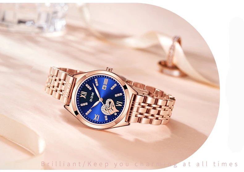 DOM Luxury Watch Fashion steel belt Watch Women's Casual Love Blue waterproof Women's Watch