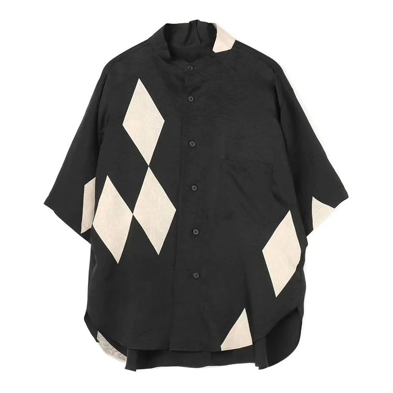 YAMAMOTO-Style Loose Fit Diamond Patchwork Oversized Couple Shirt Blouse Plus Size Men Women