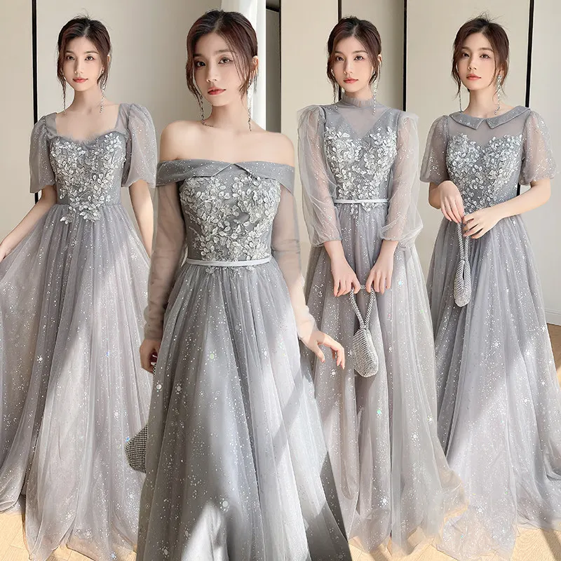 

Bridesmaid Dresses Boat Neck Luxurious A-Line Full Sleeves Floor-Length Sequins Appliques Tulle New Lady Formal Party Gown E1215
