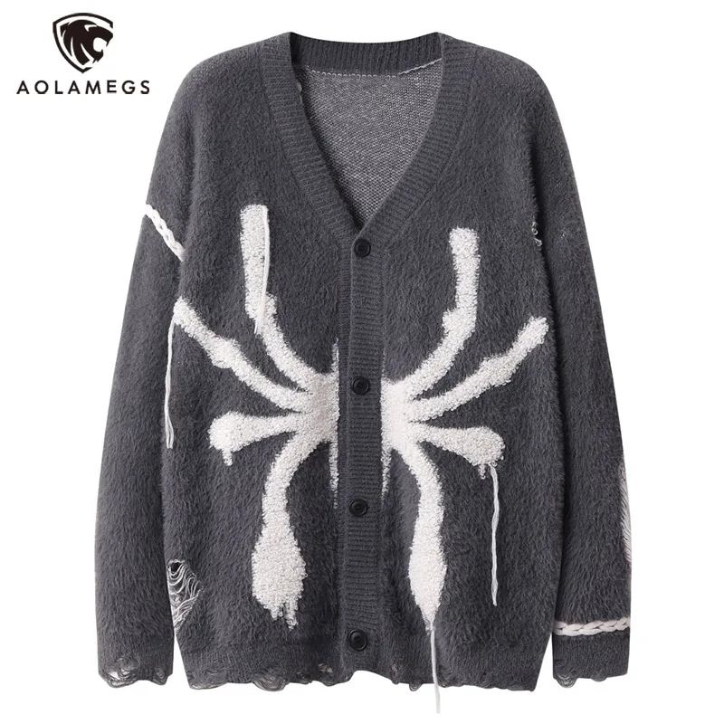 

Aolamegs Y2K Men High Street Cardigan Spider Jacquard Loose Knitted Sweater Distressed Ripped Hip Hop Streetwear Knitwear Unisex