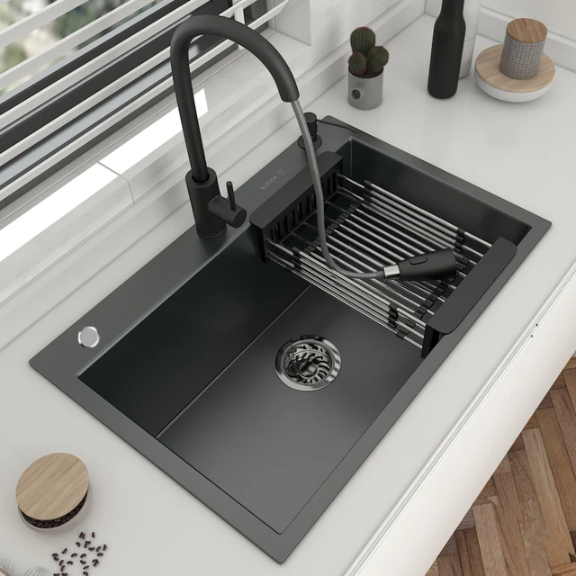 Fregadero de cocina de acero inoxidable 304, montaje superior de un solo  tazón, lavabo gris oscuro