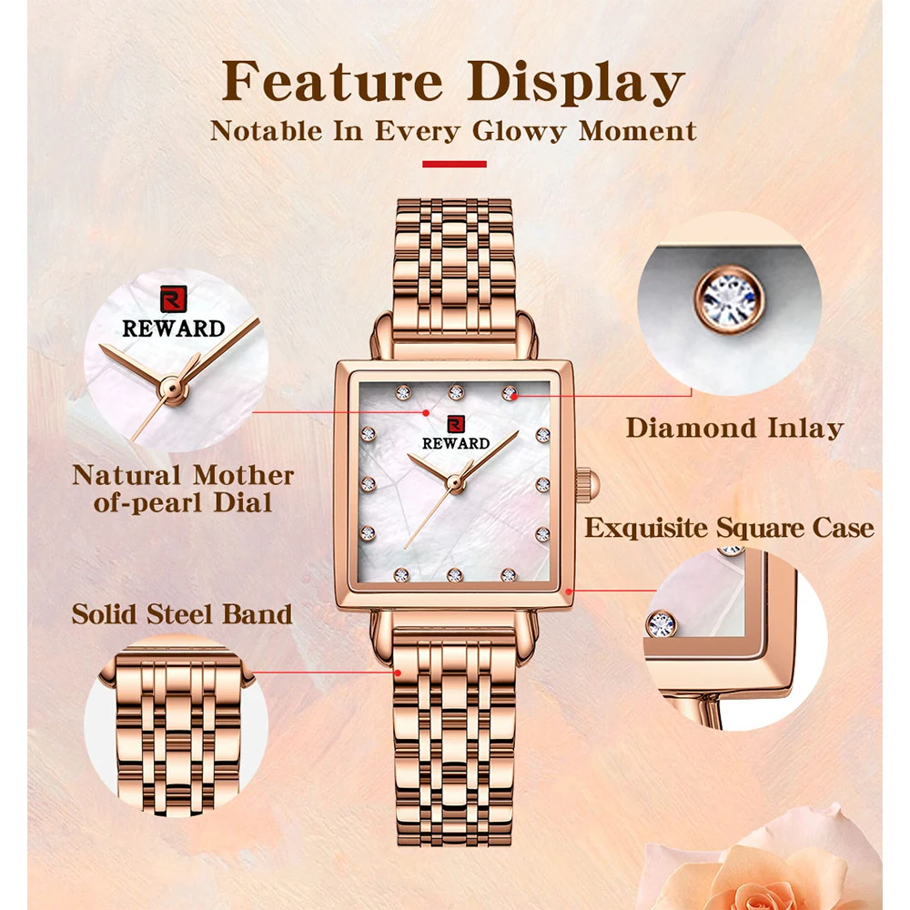 New 2022 REWARD Square Quartz Watch for Women Fashion Waterproof Ladies Simple Rose Gold Stainless Steel Wristwatches