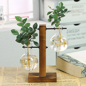 Creative Glass Desktop Planter Bulb Vase Wooden Stand Hydroponic Plant Container Home Tabletop Decor Vases 2