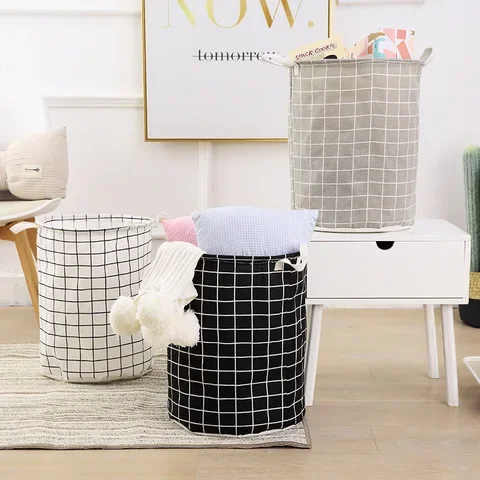 

Laundry Basket Cotton Linen Foldable Washable Round Waterproof Organizer Bucket Dirty Clothing Toy Large Capacity Storage Home