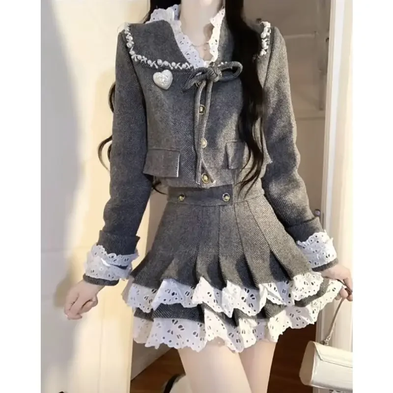 

Winter Ladies Autumn Women Fashion Lace Splicing High-grade Beaded Short Skirt Set Jacket Chic Dress Y2K Coat Set