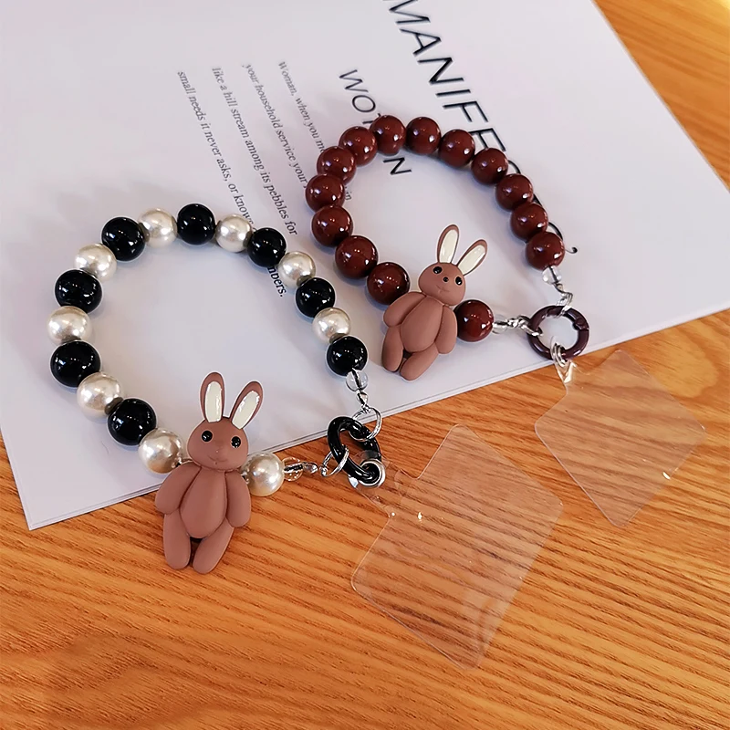 Mobile Phone Lanyard Short Hand-beaded Wrist Bunny Pendant Female Model Hand-held Chain Bead Pendant Phone Anti-lost