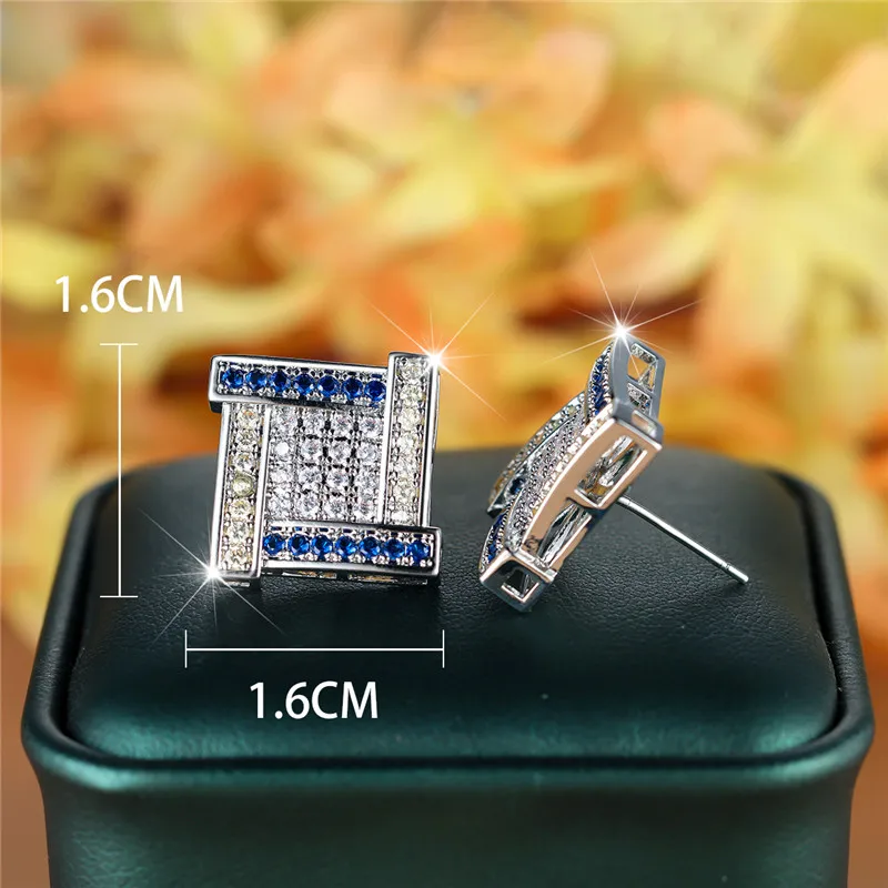 Female Crystal Blue Square Stud Earrings Vintage Silver Color Wedding Fashion Jewelry For Women