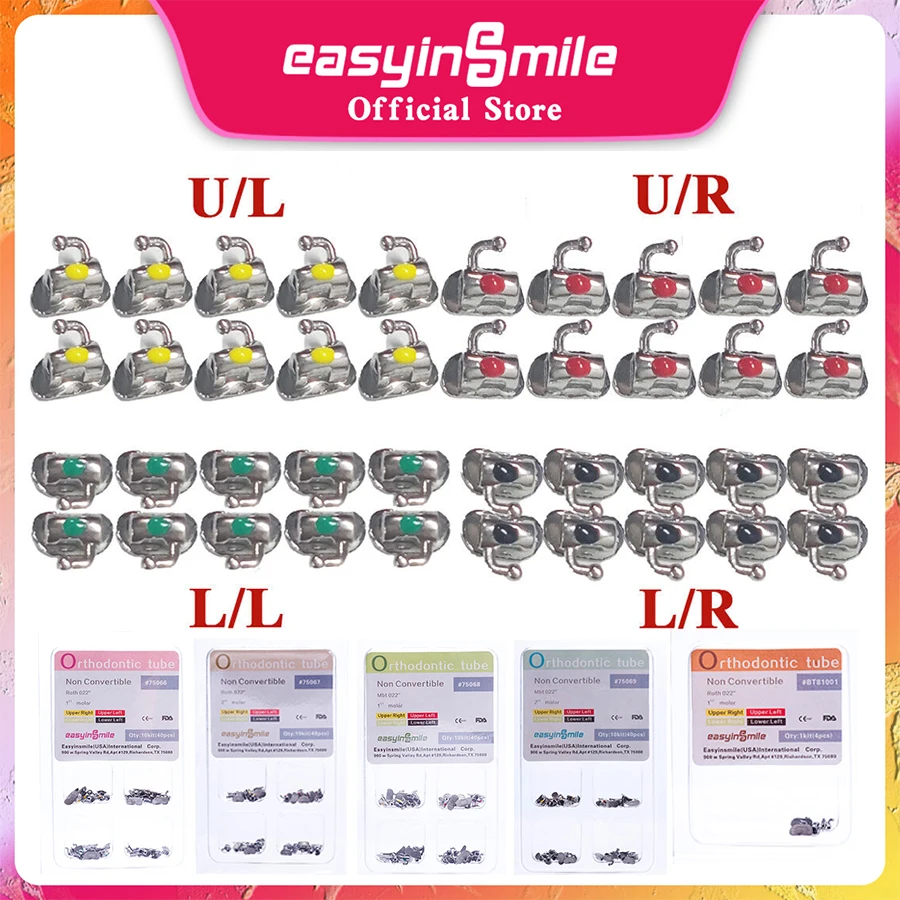 

1set/10set（4pc/set) materiales dentales odontologia Buccal Tube Molar bands Roth/MBT 0.022 Non-convertible with Color Marking