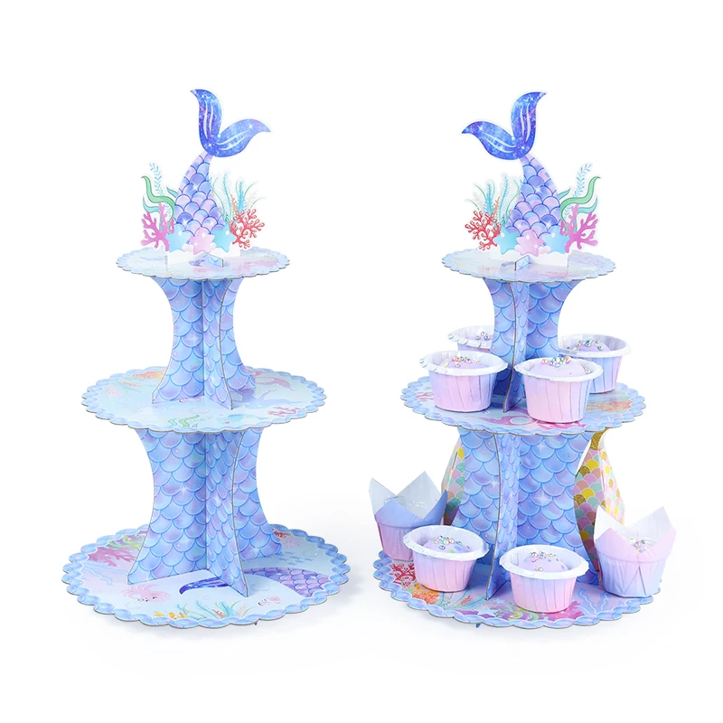 

1Set 3-tier Mermaid Cupcake Display Stand Under The Sea Mermaid Theme Birthday Party Decoration Baby Shower Dessert Rack