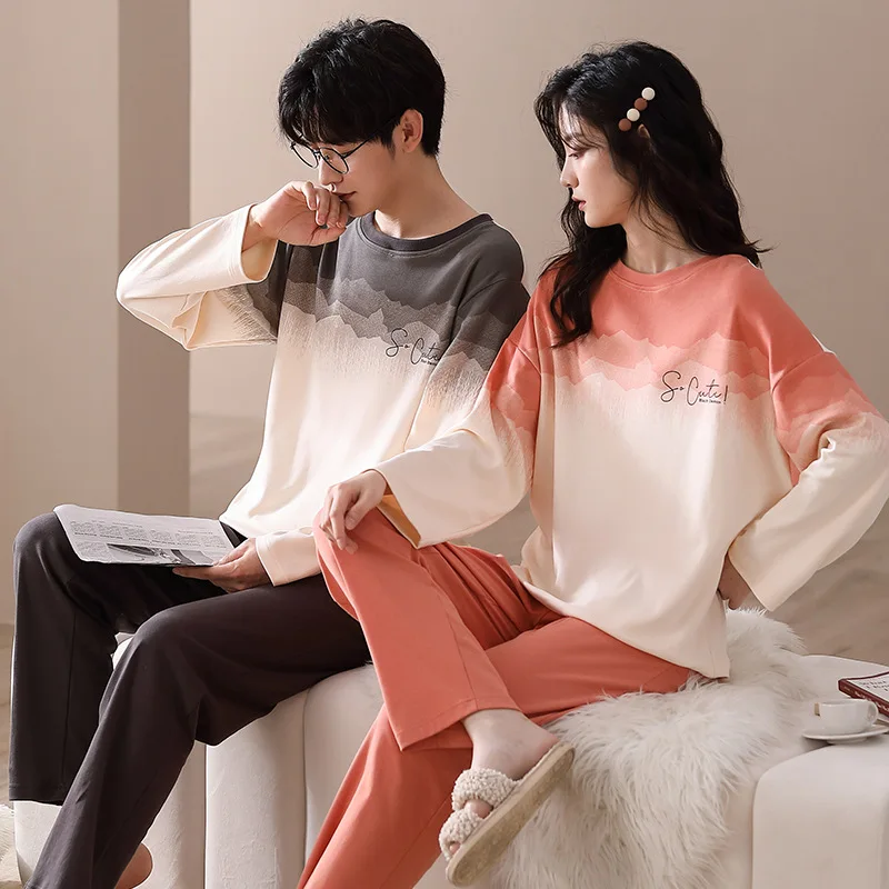 Couple Pajamas Set 100% Cotton Autumn Long Sleeves Pants Home Suit Cartoon Lovers Sleepwear Comfortable Men Female Pijamas
