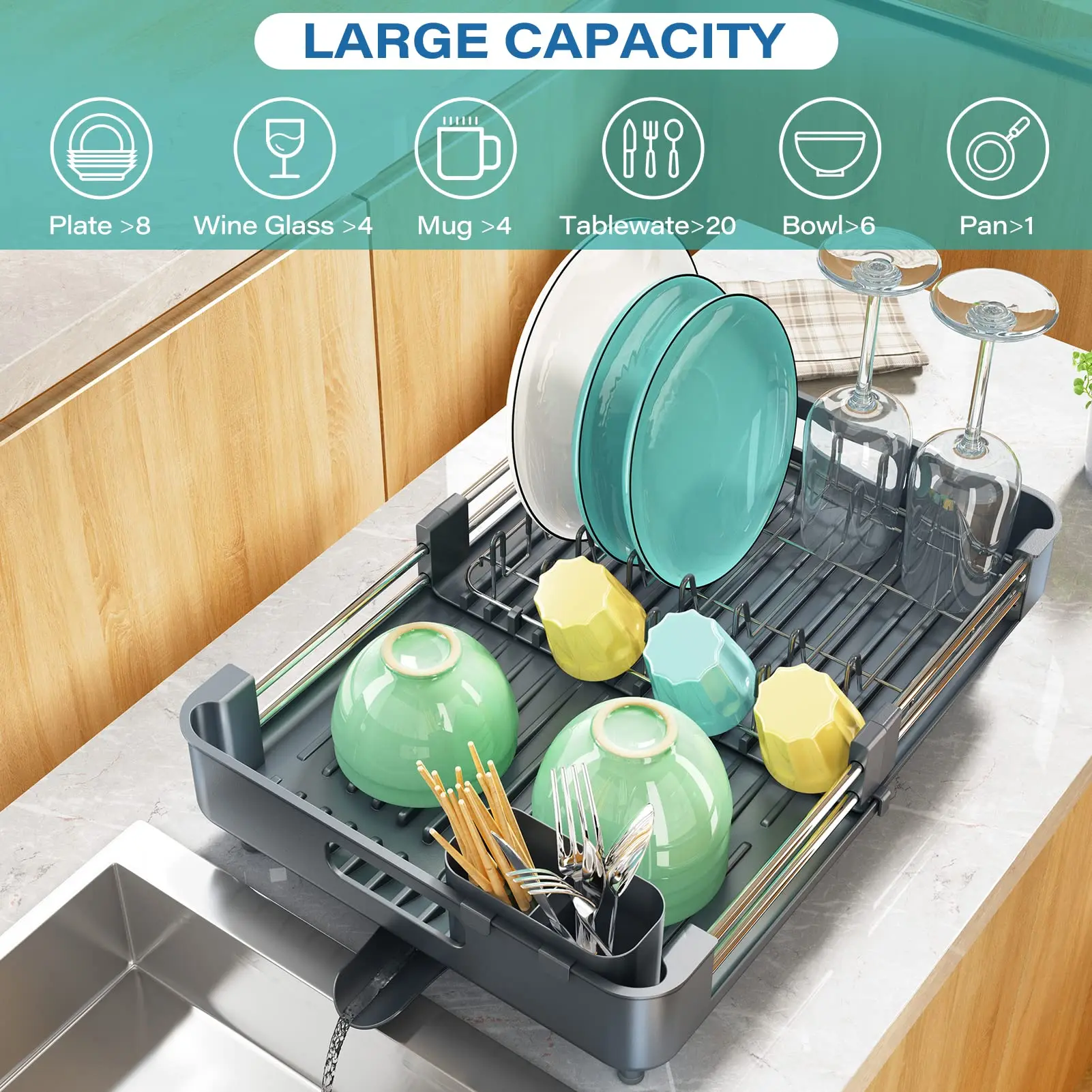 Stainless Steel Dish Drying Rack,Over Sink Expandable Kitchen Plate Drainer,Counter Dishes Storage Organizer with Utensil Holder