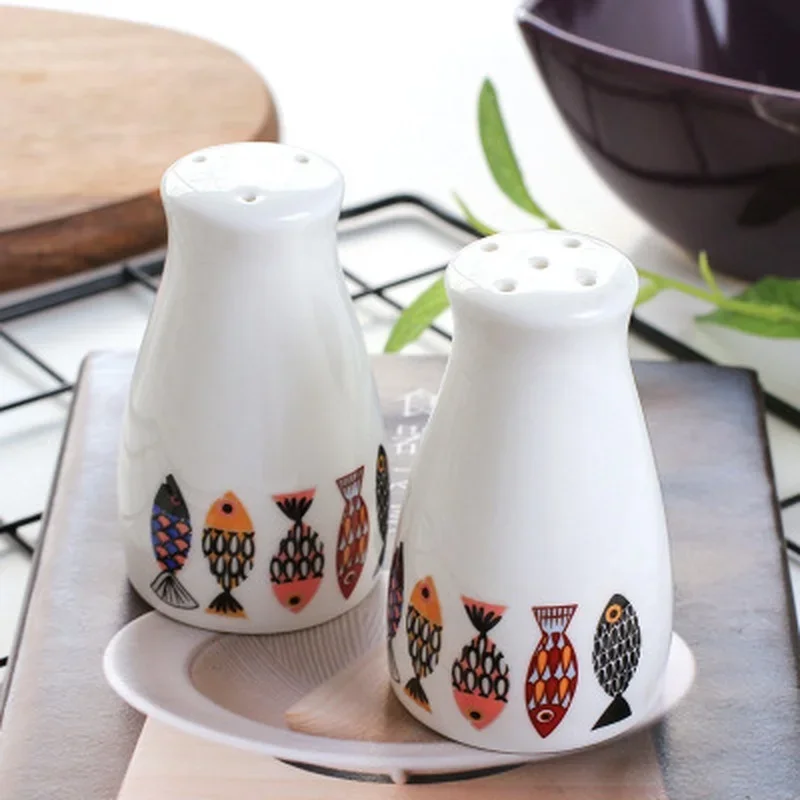 Spice Jar Seasoning Jar Seasoning Bottle European Style Danish Blue Fish 3 Hole 5 Hole Ceramic Spice Bottle Home Kitchen Supplies Pepper Cumin Barbecue Seasoning