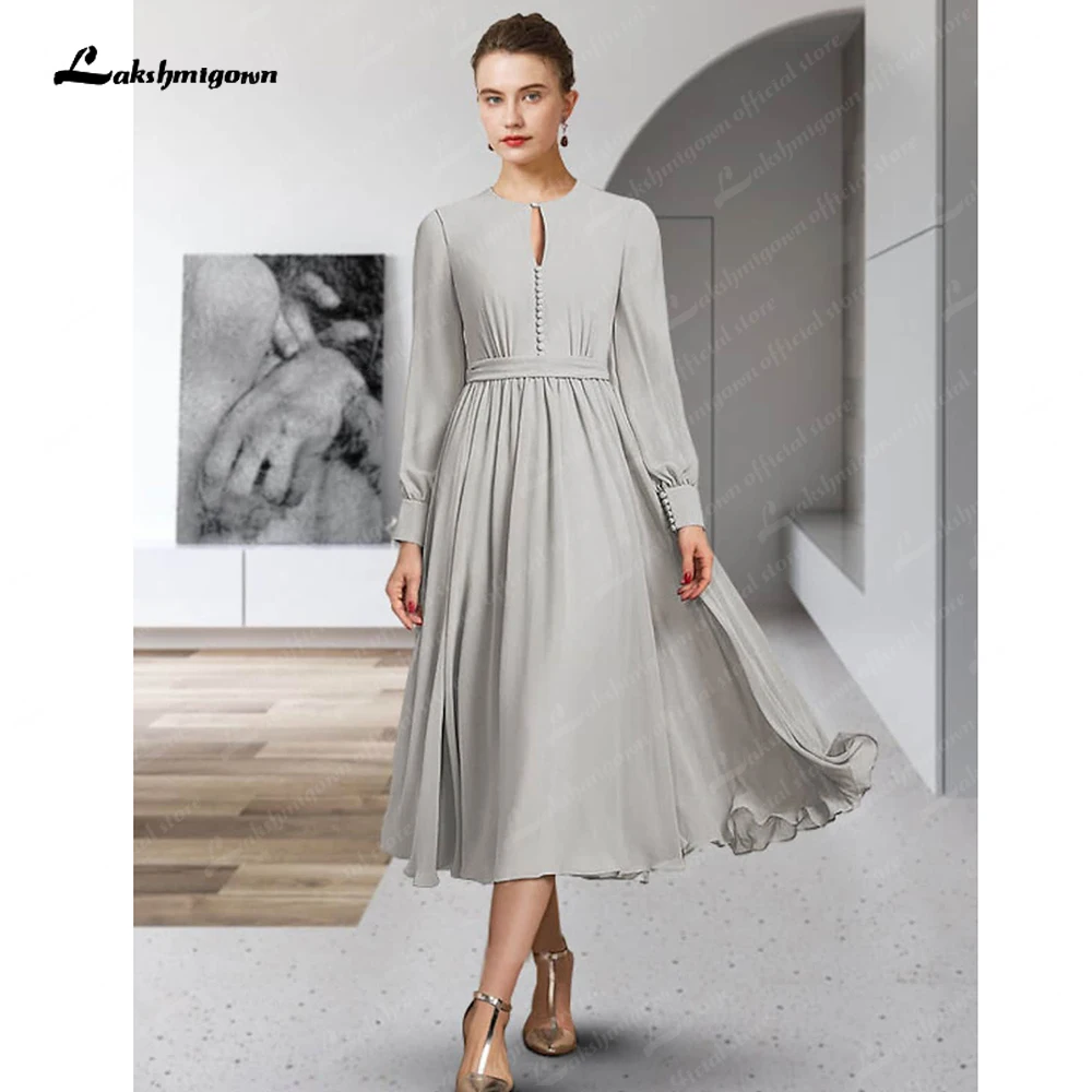 

Простое платье-футляр для матери невесты, шифоновое платье длиной до середины икры с длинным рукавом и поясом/ленточными пуговицами, со складками