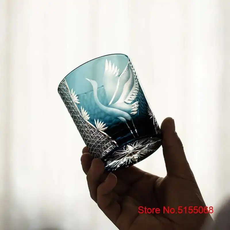 New Japanese Edo Kiriko Pine Crane Whiskey Glass Manual Carving Old Fashioned Whisky Tumbler Work Of Art Wine Cup Brandy Snifter