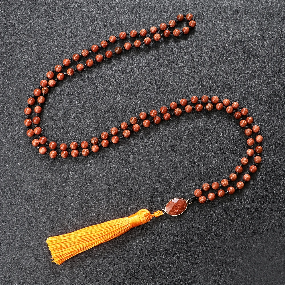 

6/8mm Trendy Natural Gold Color Sandstone Necklaces Men 108Mala Shiny Stone Beads Pendant Necklaces Women Fashion Jewelry Gifts