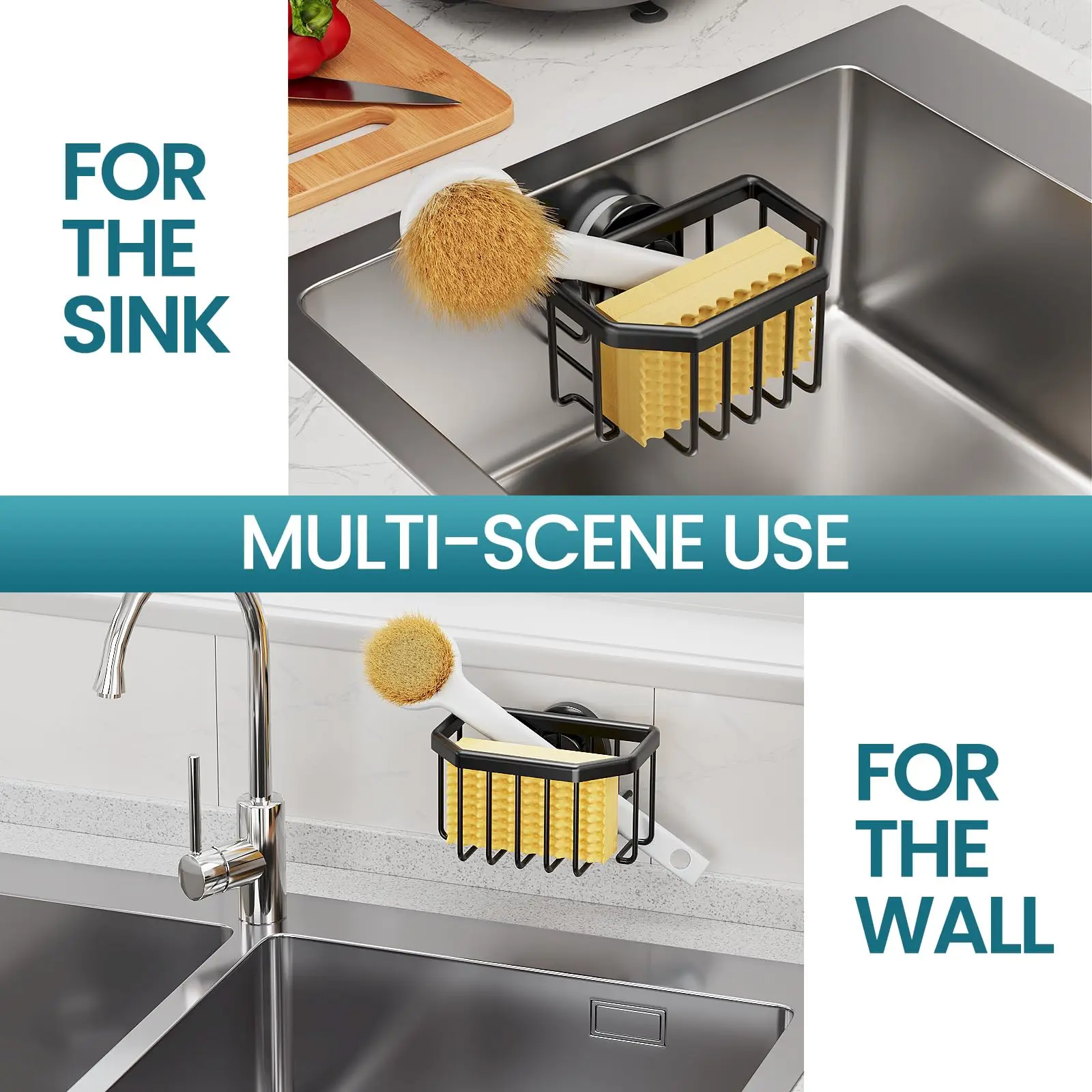 TAILI Strong Suction Cup Sponge Holder Black Dish Sponge Caddy Inside Sink Removable, Rustproof Aluminum for Sponges, Brushes 5