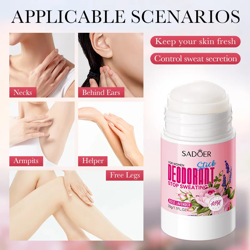 SADOER Women Anti Sweat Deodorant Roller Sweaty Body Armpits Underarm Neck Reduces Odor Refreshing Stop Sweating Cream 4