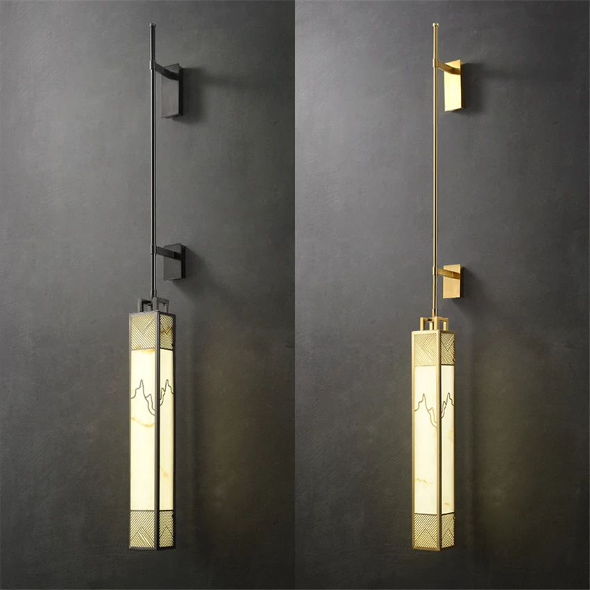 

New Chinese Marble Luxury Simple Long Wall Lamp Modern Living Room Villa Hotel Background Decor Study Bedroom Design Wall Light