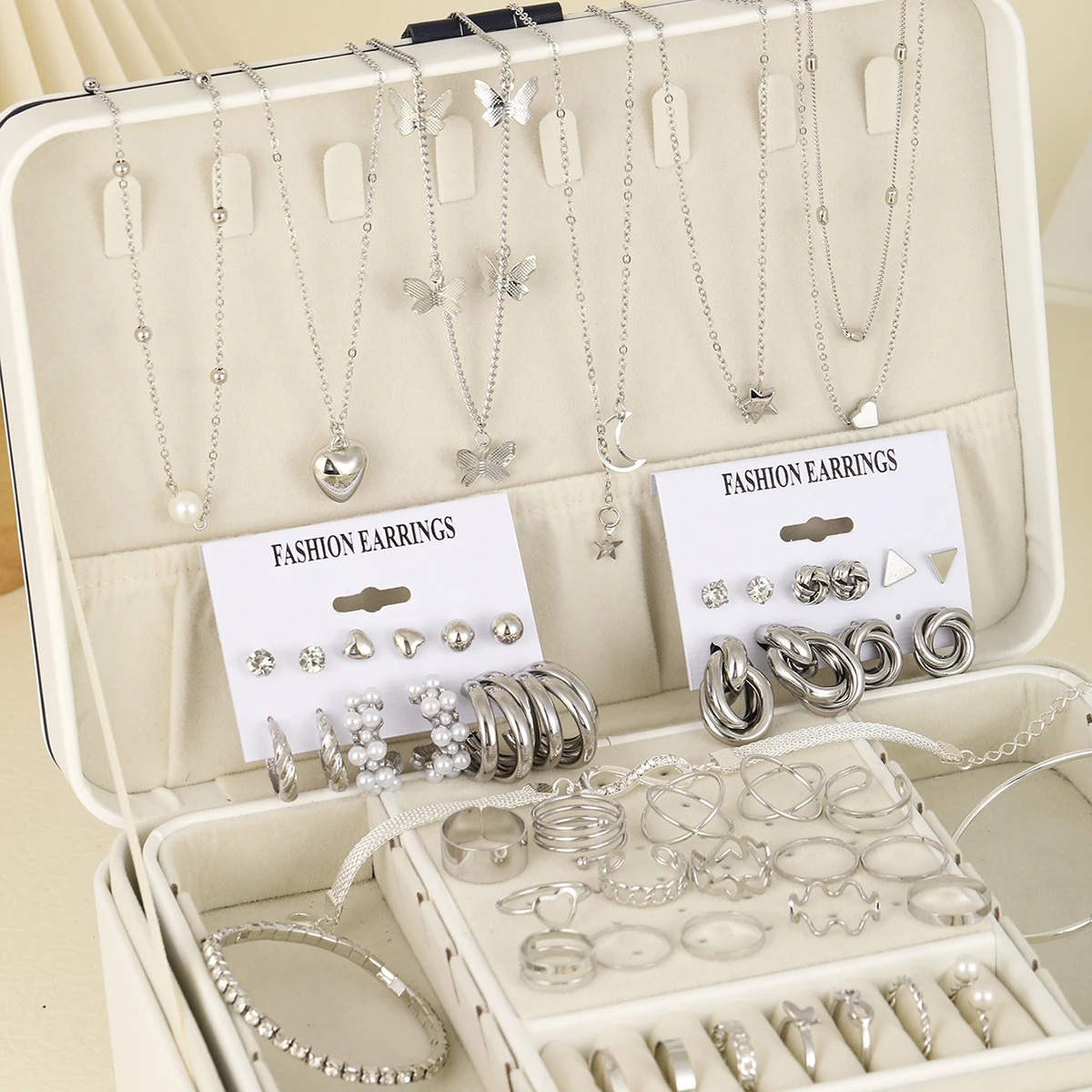 53 Pcs Boho Vintage Jewelry Sets For Women Elegant Silver Color Pearl Zircon Geometric Earring Ring Necklace Bracelet Daily Wear