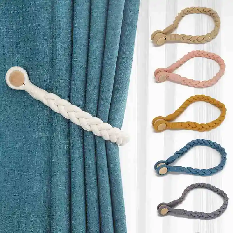 Magnetic Curtain Clips Curtains Holder Tie Back Buckle Clips Pastorale  Round Wooden Cotton Rope Curtain Clip