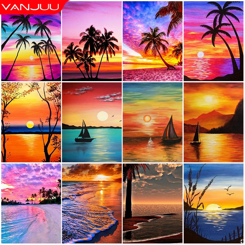 DIY 5D Diamond Painting Landscape Sunset Beach Rhinestone Mosaic